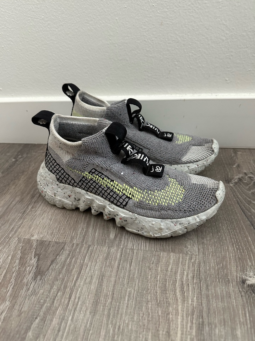 Nike Grey Knit Slip-On Sneakers with Neon Accent